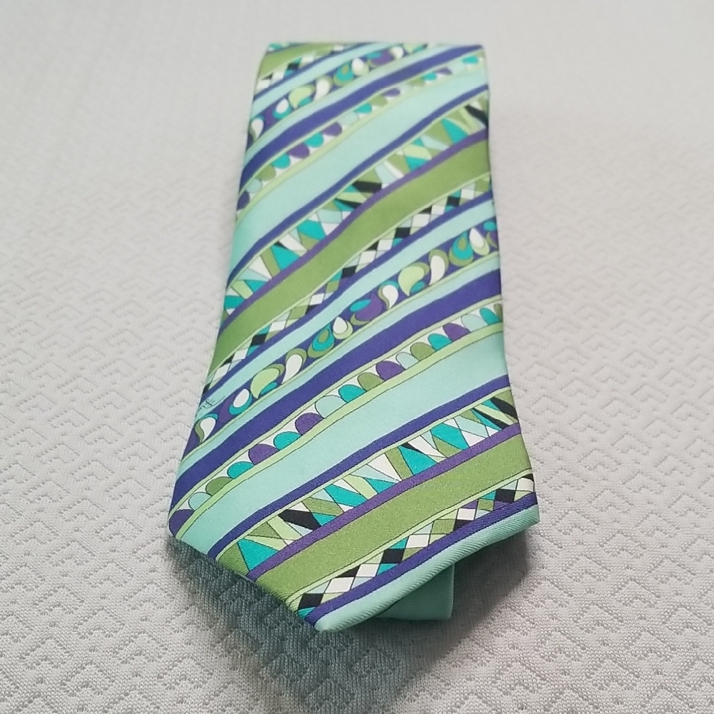 EMILIO PUCCI mens 100% silk tie Blue/purple/green EUC